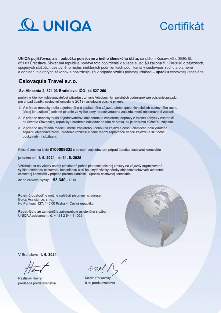 Certifikát k úpadku CK Eslovaquia Travel s.r.o. 2024_2025